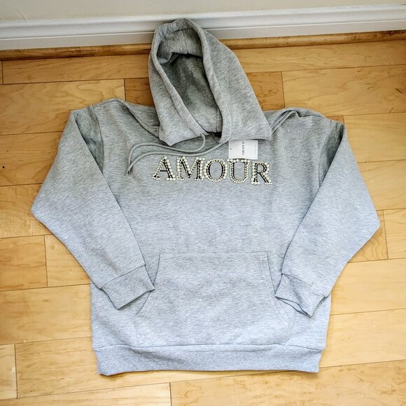 Forever 21 Amour Grey Hoodie Pearls Crystals Sz L Kangaroo Pocket Embellished - Picture 7 of 13